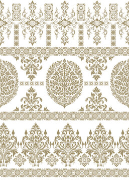 Luxury gold damask seamless pattern with elegant vintage baroque borders on white background. illustration for fabric, textile, and wallpaper.  Elegant golden floral damask pattern background. Traditi