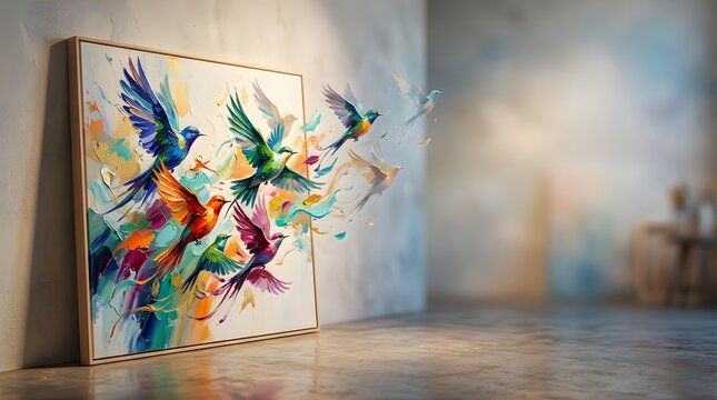 Colorful painted birds flying out of a framed canvas in an art studio