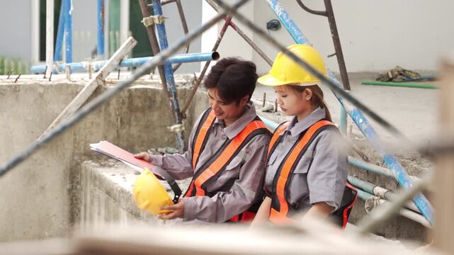 Construction professionals in hard hats communicating and examining project workflow inside partially completed building.