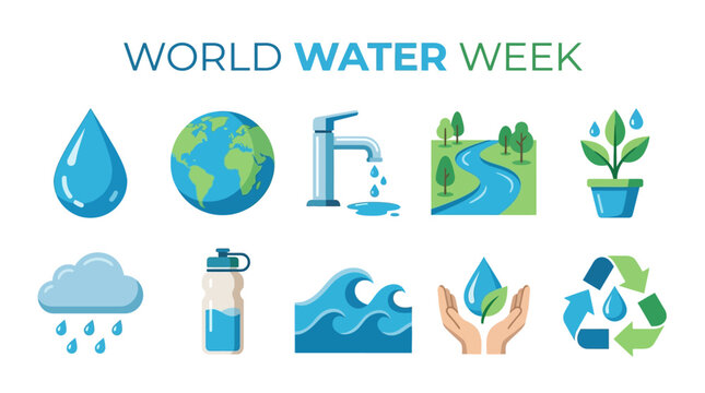 World Water Week pixel art icons for conservation and ecology