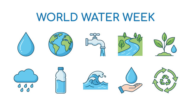 Essential water conservation pixel art icons for world water week
