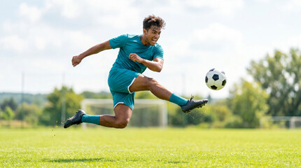 Naklejka premium Player kicking soccer ball mid-air on green field during daytime 