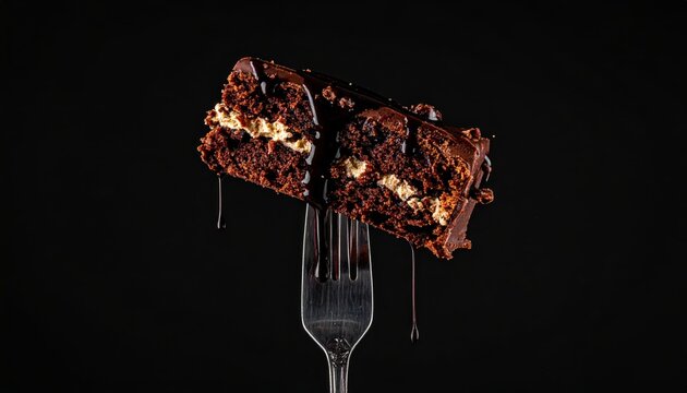 Rich Chocolate Cake Slice Held on Fork Against Moody Dark Background