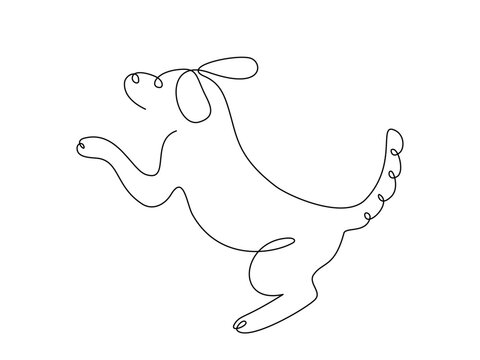 Continuous line drawing of a playful dog in motion with editable stroke.
