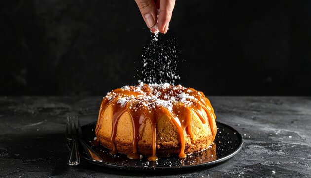 Hand sprinkling coarse sea salt over a warm caramel drip cake on a dark plate, capturing the finishing touch of gourmet dessert preparation.