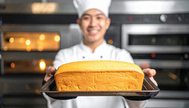 Smiling Chef holding a freshly baked, perfectly golden brown pound cake in a commercial kitchen setting