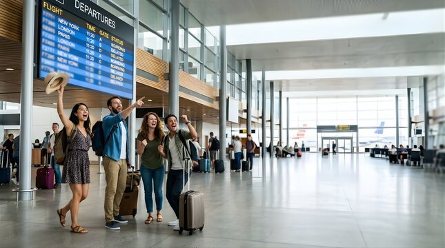 Excited diverse friends celebrating before vacation at the airport terminal