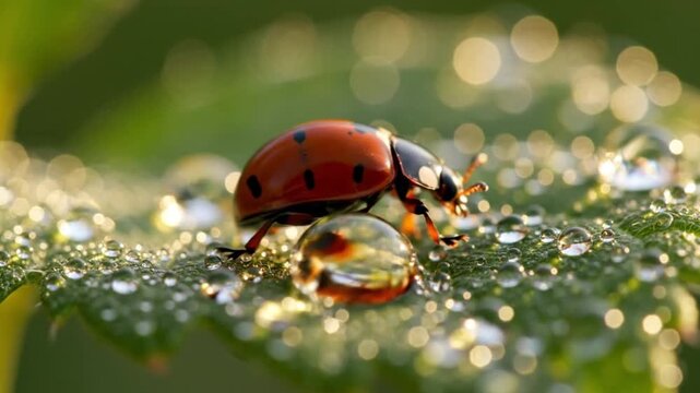Ladybug Crawls on Dewy Leaf in Morning Sunlight