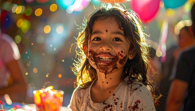 Joyful child with face covered in chocolate cake and frosting after a delicious bite