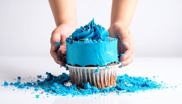 Joyful child's hands messily smash a vibrant blue first birthday smash cake