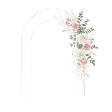 Elegant floral wedding arch with delicate roses and eucalyptus leaves