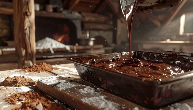 Rich dark chocolate brownie batter being poured into a baking tray in a rustic kitchen setting