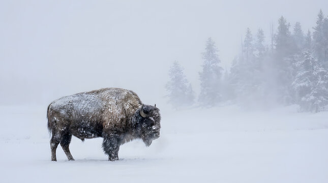 Snowy american bison in yellowstone national park, cold blizzard frozen landscape, winter wilderness wildlife. Marketing materials, naturethemed publications.