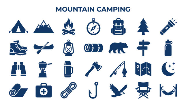 Mountain Camping Icons Set representing outdoor adventure gear and activities like hiking tents backpacks compasses sleeping bags and campfires for wilderness exploration and recreation