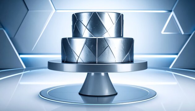 Striking Futuristic Metallic Layered Cake with Silver Frosting and Geometric Patterns on a Stand