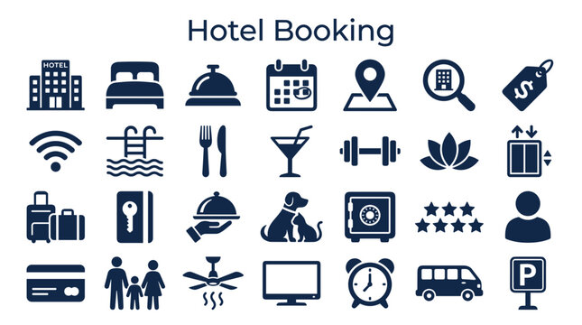 Hotel booking concept with icons representing amenities services and travel essentials for hospitality and tourism industry