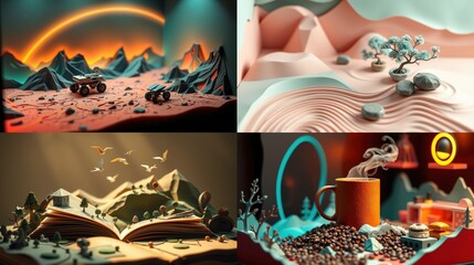 Obraz premium Four stylized scenes. Mountains, vehicles, nature, book, coffee present. Minimalist design, vibrant colors, creative composition.