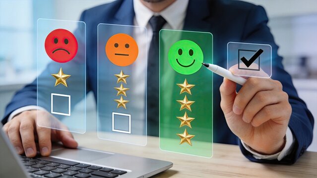 Man selecting positive customer satisfaction rating with five stars and smiley face on futuristic interface, representing service quality, feedback, review, user experience, and