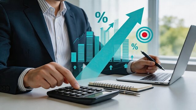 Businessman calculating profit margins using calculator and laptop, holographic growth chart and percentage icons overlay for success strategy.