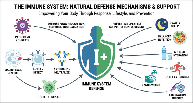 Immune system defense infographic visualizes natural mechanisms of pathogen neutralization and lifestyle support for enhanced body resilience.