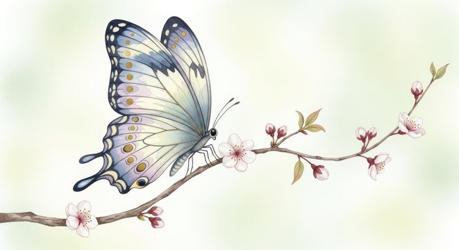 Blue butterfly on cherry blossom branch watercolor illustration.