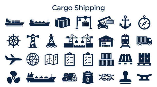 Cargo Shipping Industry Icons Set Featuring Ships Planes Trucks Trains Cranes Containers and Logistics Symbols for Global Trade and Transportation Concepts