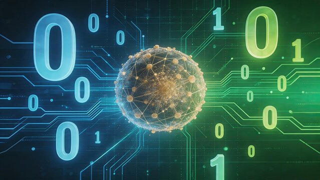 Abstract digital sphere with binary code zero and one background, network connection nodes, global technology concept, big data visualization, cybersecurity, artificial