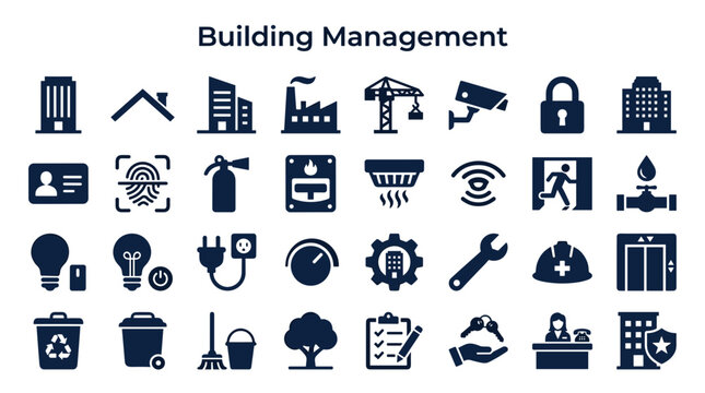 Building management icons collection for smart city infrastructure maintenance security and operations control systems