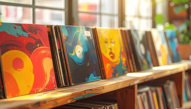 A vibrant collection of vinyl records with colorful, artistic album covers displayed on a wooden shelf