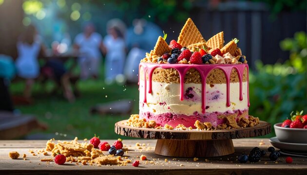 Layered Ice Cream Cake with Strawberry and Vanilla Flavors Topped with Berries and Waffles, Ready for Outdoor Celebration