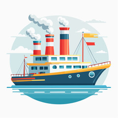 Fototapeta premium Steamboat illustration with smoke stacks and flags