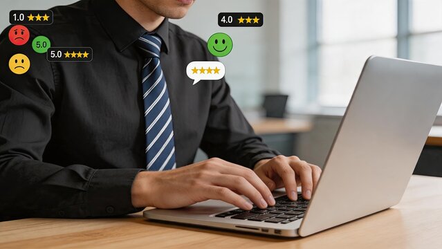 Businessman typing on laptop with floating customer review ratings, feedback icons, star scores, online reputation management concept for service quality and user experience.