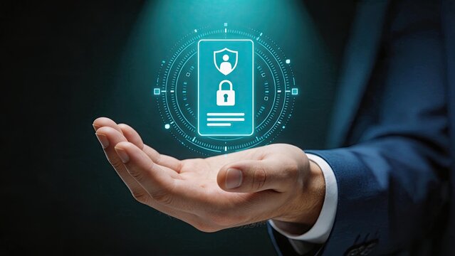 Hand holding holographic digital ID card with shield and lock icon, data privacy protection, cybersecurity, identity verification, secure authentication, personal information