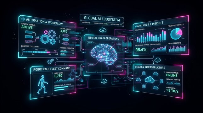 Futuristic ai ecosystem dashboard with neon lit interface and brain visualization