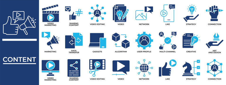 Content icon set collection. Containing society, sharing, transfer, multimedia, monitor, movie, cinema .Solid vector icons collection