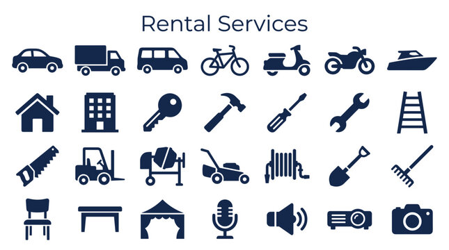 Diverse rental services icons for vehicles, tools, and equipment for home and business needs