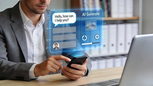 Business man using smartphone with artificial intelligence chatbot interface, AI generate text and image technology concept showing virtual assistant conversation and automated