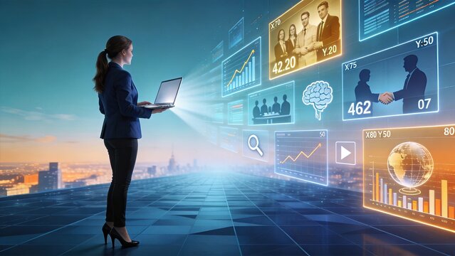 Businesswoman analyzing futuristic holographic data interfaces, digital marketing strategy and financial growth charts on virtual screen, corporate technology innovation concept