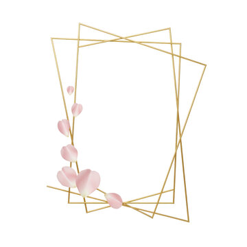 Elegant gold geometric frame with delicate pink petals perfect for wedding invitations and romantic designs