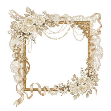 Elegant gold frame adorned with white roses and pearls
