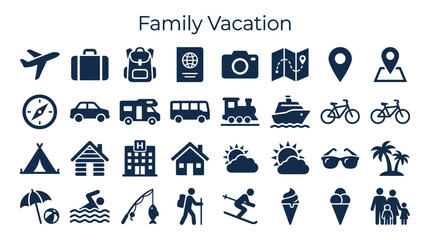 Fototapeta premium Family Vacation Icons Set Representing Travel Leisure Activities Transportation and Accommodation Diverse Symbols for Holiday Planning and Tourism