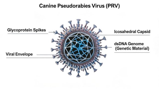 Canine Pseudorabies Virus (PRV) Cross-Section Diagram, Labeled 3D Medical Rendering of Viral Structure with Glycoprotein Spikes, Envelope, Capsid and dsDNA Genome