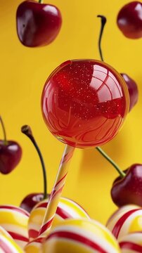 Glossy Red Cherry Lollipop Surrounded by Floating Fresh Cherries