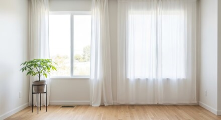 Fototapeta premium Bright empty room interior with large windows and plant.