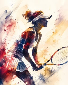female tennis player silhouette watercolor 