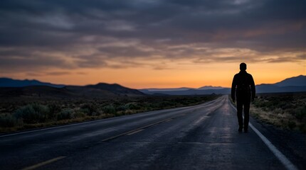 Obraz premium Man walking alone on a deserted road toward mountains at golden sunset