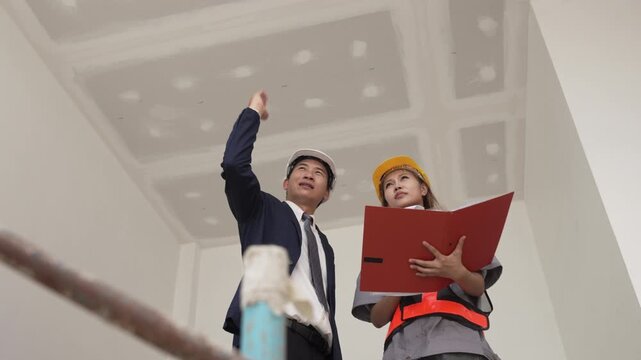 Male and female construction engineers inspecting unfinished room and checking installation details at building site.