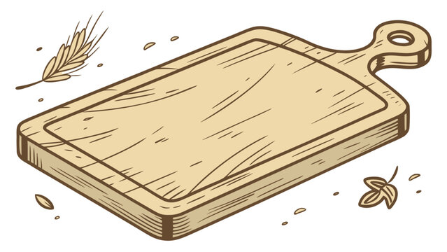 Vector illustration of a rustic wooden kitchen cutting board with wheat stalk and single leaf decoration