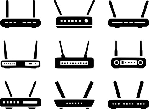 Collection of black and white representing various wireless routers and modems internet