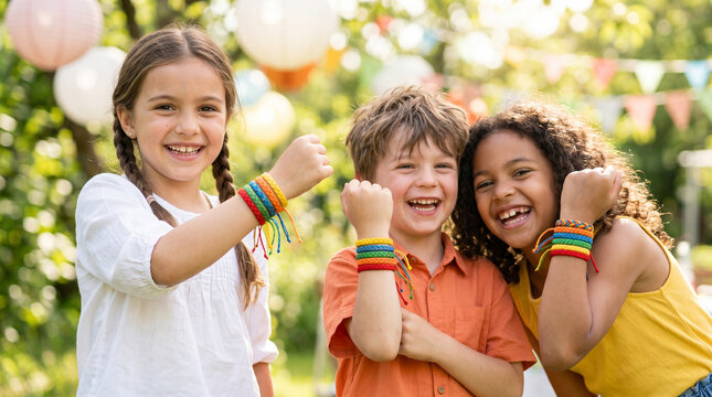 Children wearing five-color bracelets smiling in festive outdoor setting  